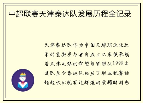 中超联赛天津泰达队发展历程全记录