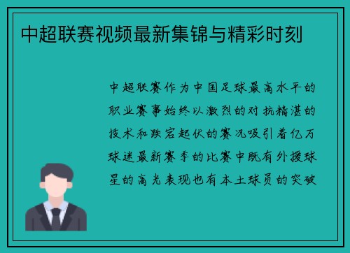 中超联赛视频最新集锦与精彩时刻